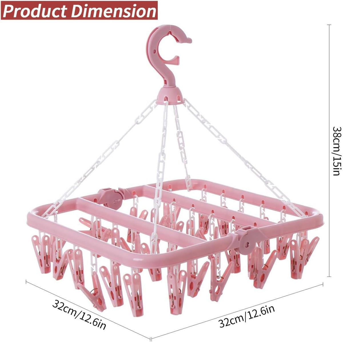 Laundry Drying Rack with 32 Clips, Foldable, Light Pink
