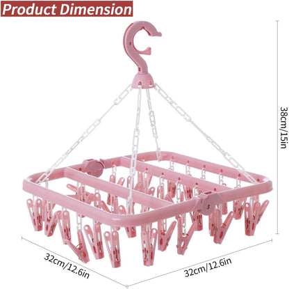 Laundry Drying Rack with 32 Clips, Foldable, Light Pink