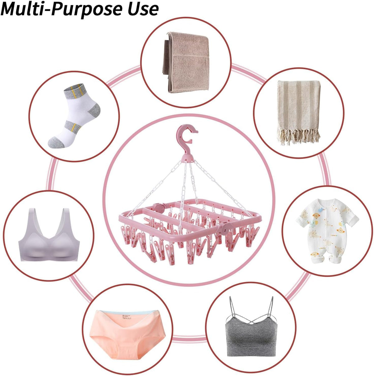Laundry Drying Rack with 32 Clips, Foldable, Light Pink