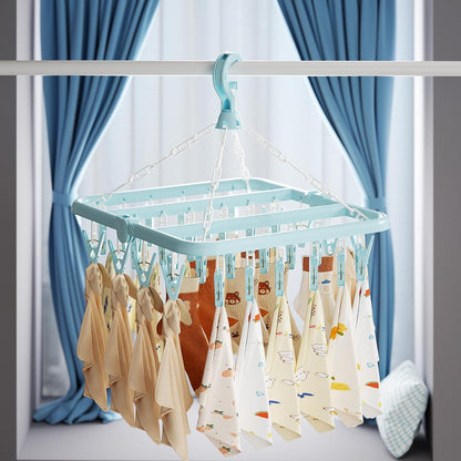 Laundry Drying Rack with 32 Clips, Foldable, Light Pink