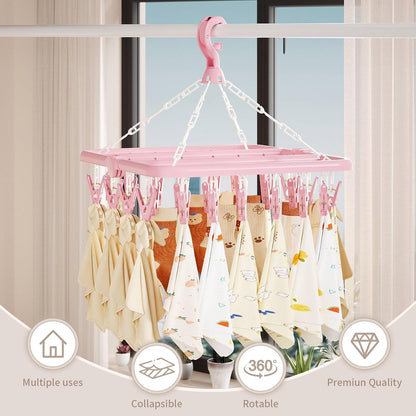 Laundry Drying Rack with 32 Clips, Foldable, Light Pink