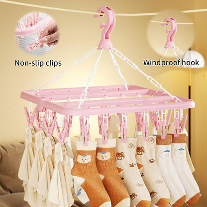 Laundry Drying Rack with 32 Clips, Foldable, Light Pink
