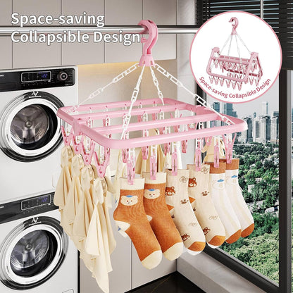 Laundry Drying Rack with 32 Clips, Foldable, Light Pink