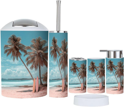 Pink Coastal Bathroom Accessories Set 6 piece Pink Beach Coastal Ocean Aesthetic Palm Tree Seaside Coconut Plastic shatterproof Vanity Organization countertop Decor for Home, Apartment, Dorm