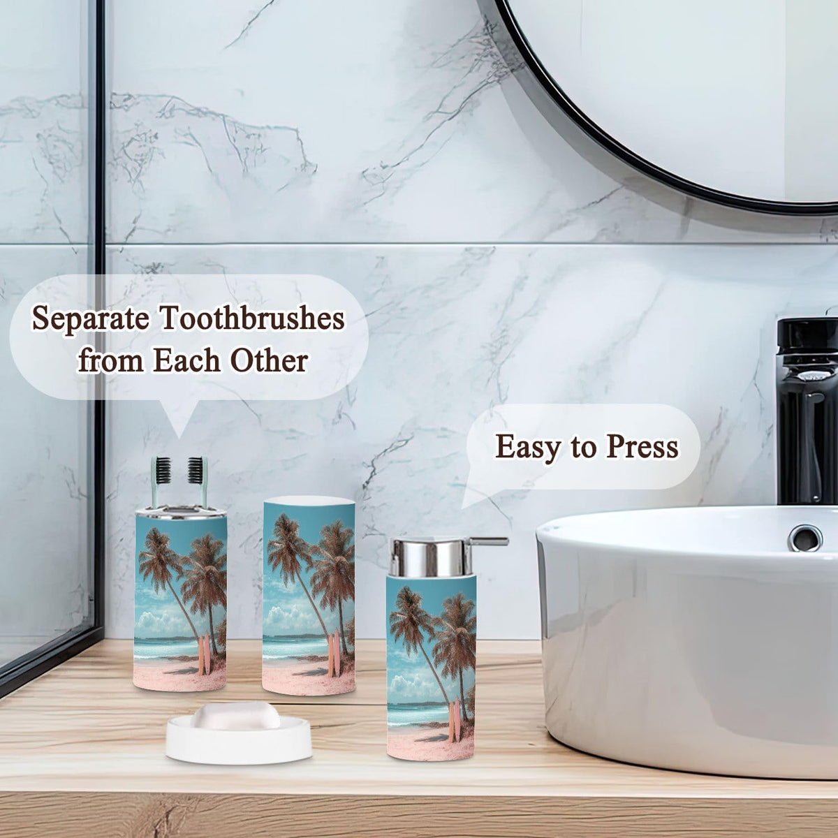Pink Coastal Bathroom Accessories Set 6 piece Pink Beach Coastal Ocean Aesthetic Palm Tree Seaside Coconut Plastic shatterproof Vanity Organization countertop Decor for Home, Apartment, Dorm