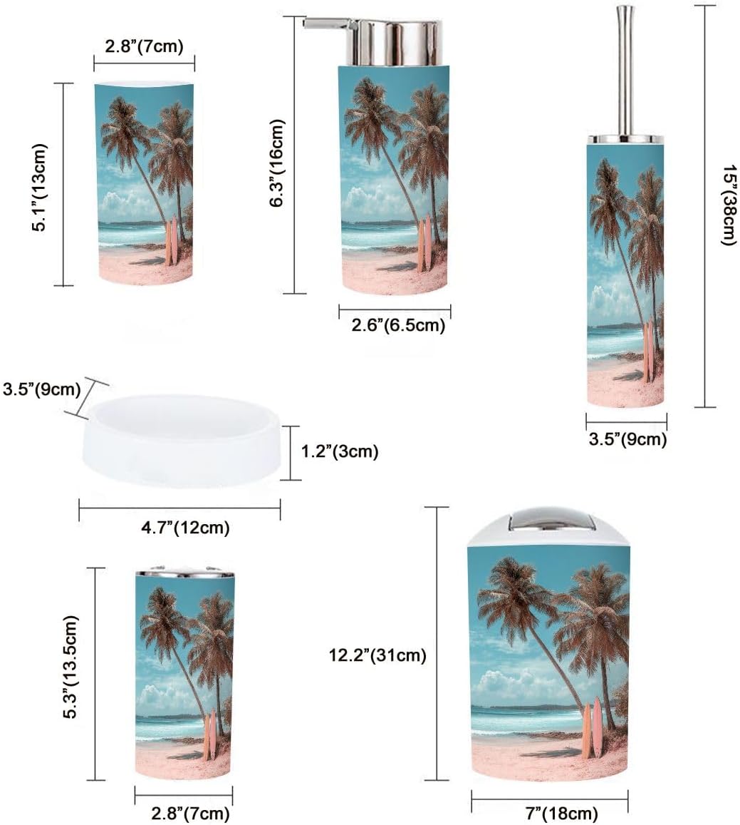 Pink Coastal Bathroom Accessories Set 6 piece Pink Beach Coastal Ocean Aesthetic Palm Tree Seaside Coconut Plastic shatterproof Vanity Organization countertop Decor for Home, Apartment, Dorm