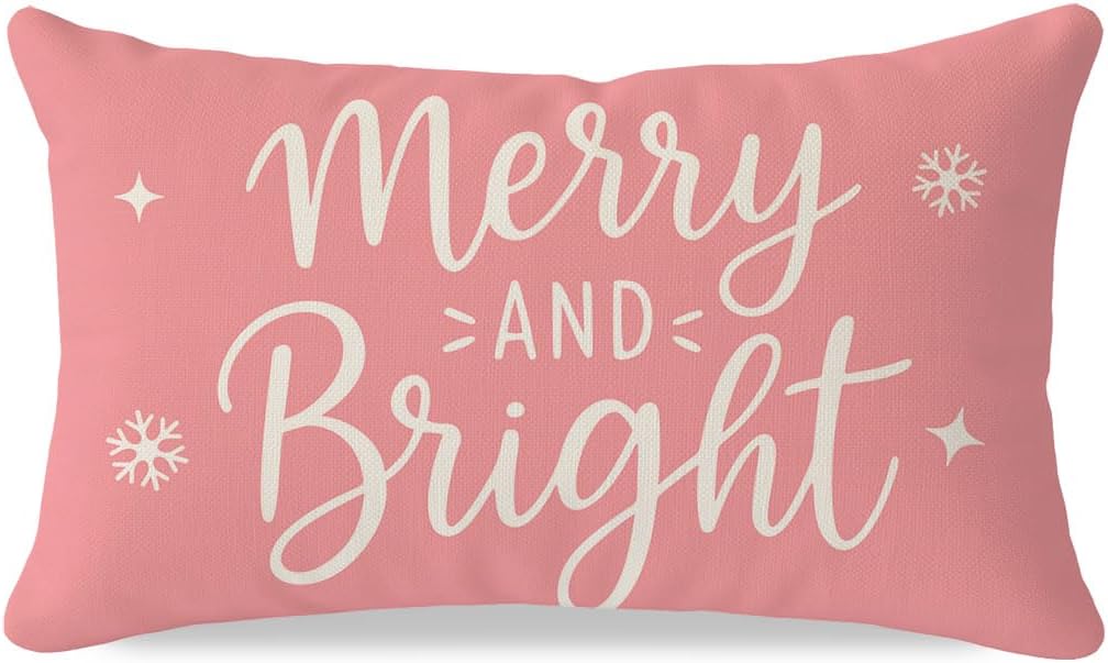 Merry & Bright Christmas Throw Pillow Cover 12x20, Blush Pink
