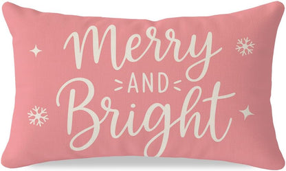 Merry & Bright Christmas Throw Pillow Cover 12x20, Blush Pink