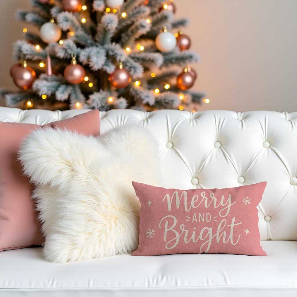 Merry & Bright Christmas Throw Pillow Cover 12x20, Blush Pink