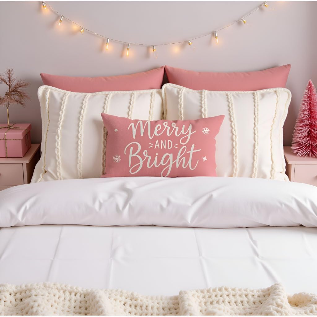 Merry & Bright Christmas Throw Pillow Cover 12x20, Blush Pink