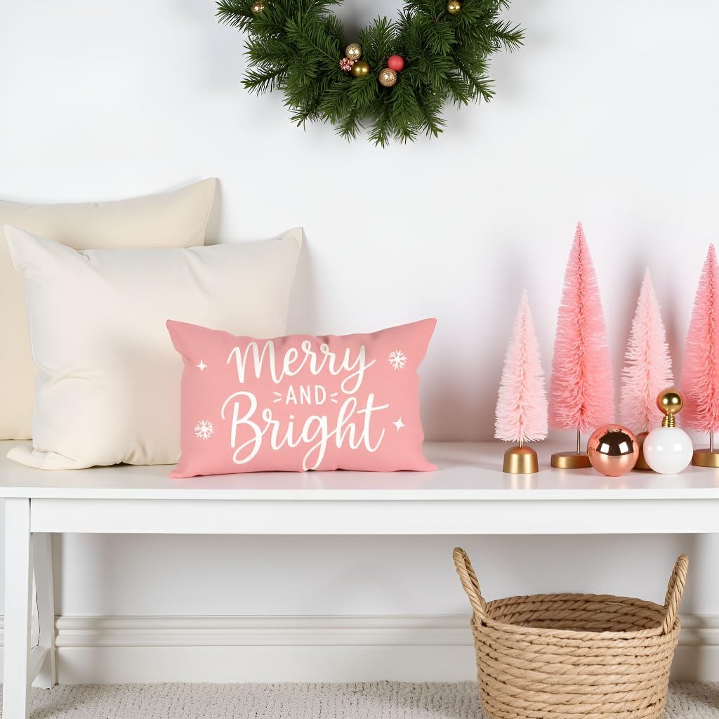 Merry & Bright Christmas Throw Pillow Cover 12x20, Blush Pink