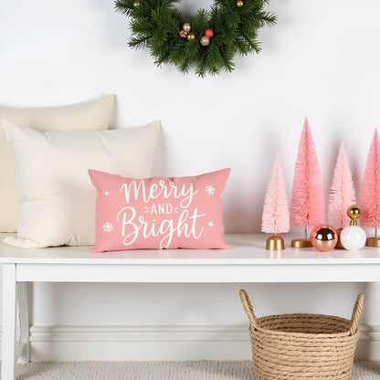 Merry & Bright Christmas Throw Pillow Cover 12x20, Blush Pink