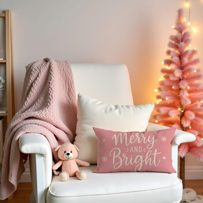 Merry & Bright Christmas Throw Pillow Cover 12x20, Blush Pink