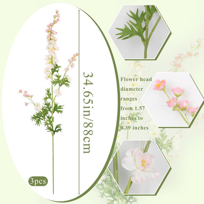 3 Pcs Delphinium Artificial Flowers Bulk 35" Long Stem Silk Larkspur Flowers Artificial Snapdragon Flower Stems Pink Faux Bouquets for Tall Vase Floral Arrangements Home Outdoor Wedding Decor