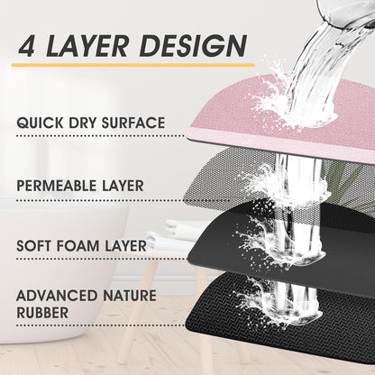 Non Slip Bath Mat, Thin Bathroom Rugs Fit Under Door, Quick Dry Bath Mats, Machine Washable Bath Rugs for Bathroom, Bathtub & Kitchen, Bathtub & Kitchen, Pink/Bordered/24 x17
