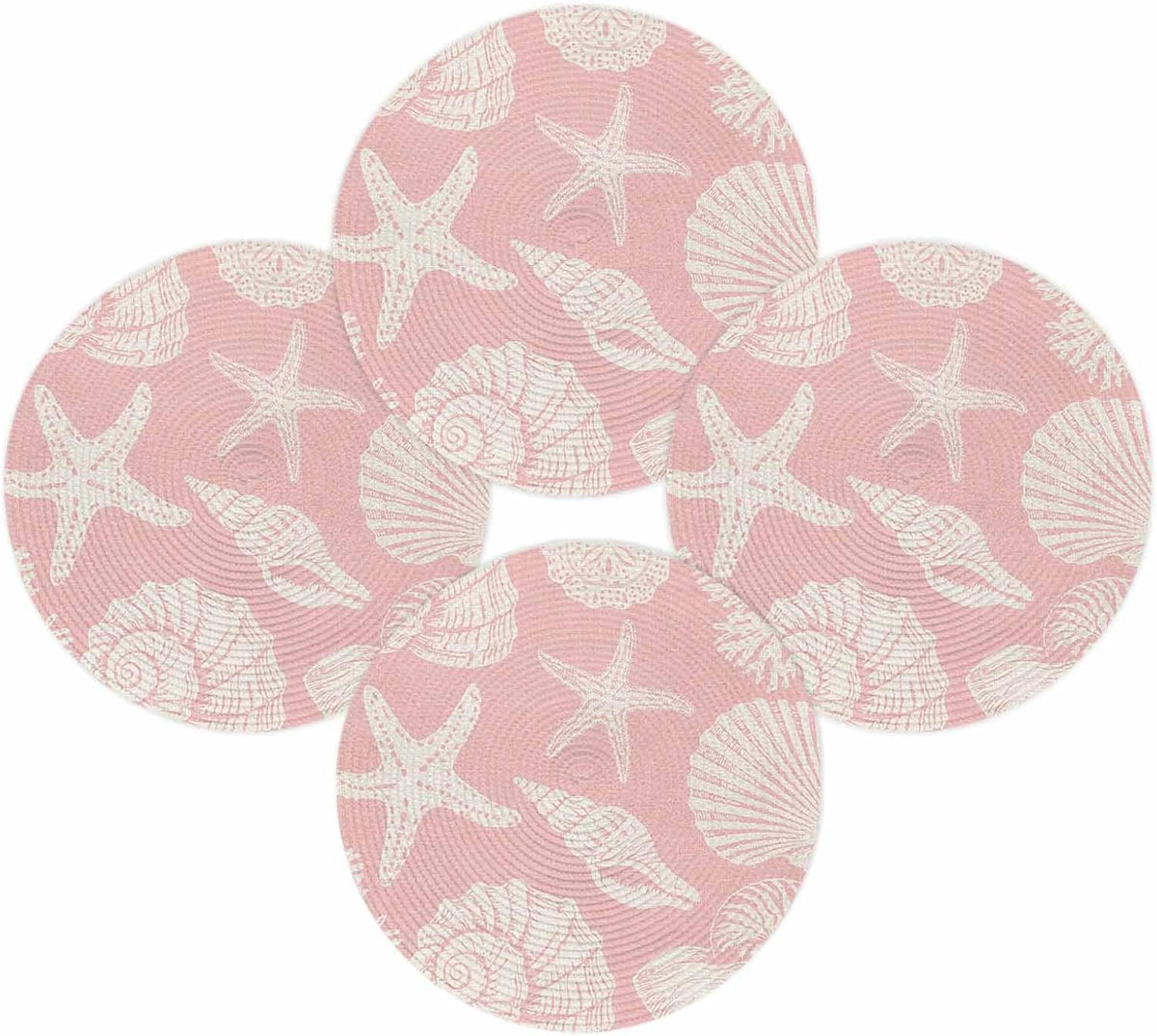Round Placemats Set of 4 Shell Starfish Place Mats Washable Woven Placemat Peach Pink Coastal Coral Conch Circle Braided Table Mat for Kitchen Dining Table Party Home Decor 15 Inch