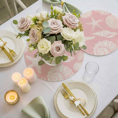 Round Placemats Set of 4 Shell Starfish Place Mats Washable Woven Placemat Peach Pink Coastal Coral Conch Circle Braided Table Mat for Kitchen Dining Table Party Home Decor 15 Inch