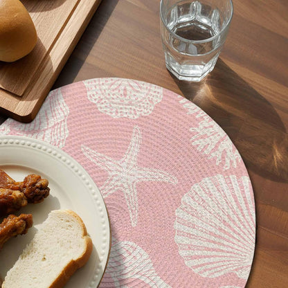 Round Placemats Set of 4 Shell Starfish Place Mats Washable Woven Placemat Peach Pink Coastal Coral Conch Circle Braided Table Mat for Kitchen Dining Table Party Home Decor 15 Inch