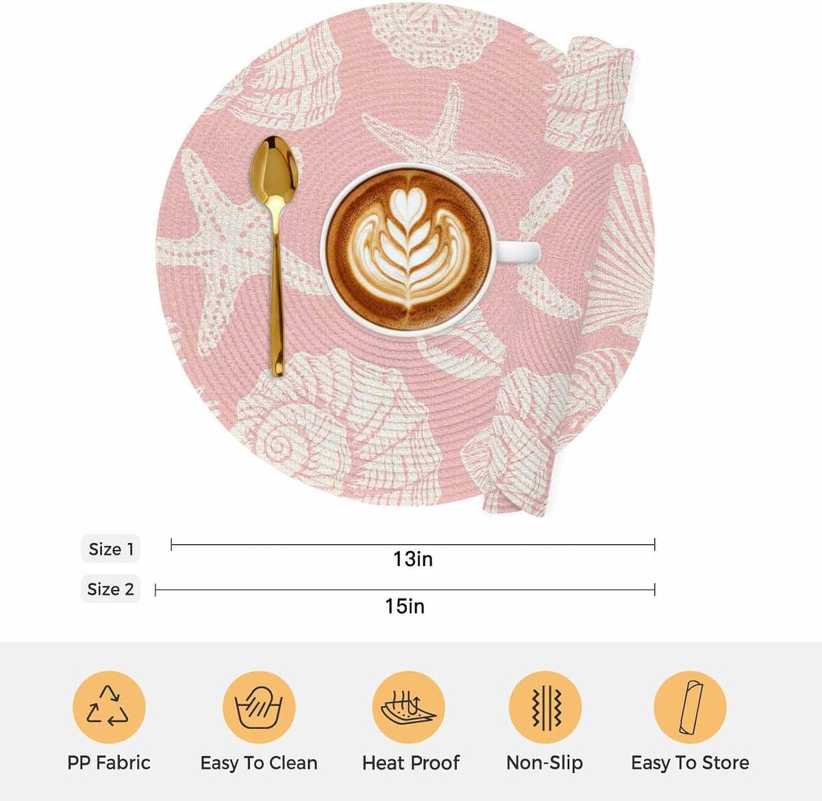Round Placemats Set of 4 Shell Starfish Place Mats Washable Woven Placemat Peach Pink Coastal Coral Conch Circle Braided Table Mat for Kitchen Dining Table Party Home Decor 15 Inch