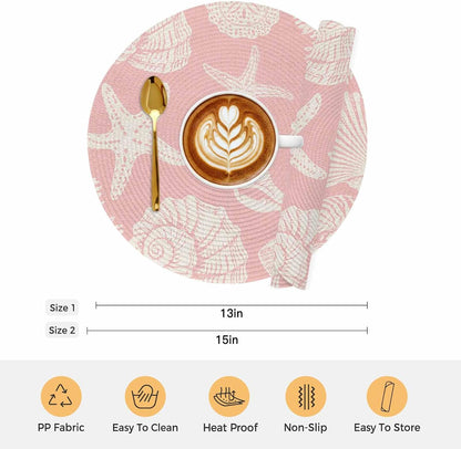 Round Placemats Set of 4 Shell Starfish Place Mats Washable Woven Placemat Peach Pink Coastal Coral Conch Circle Braided Table Mat for Kitchen Dining Table Party Home Decor 15 Inch