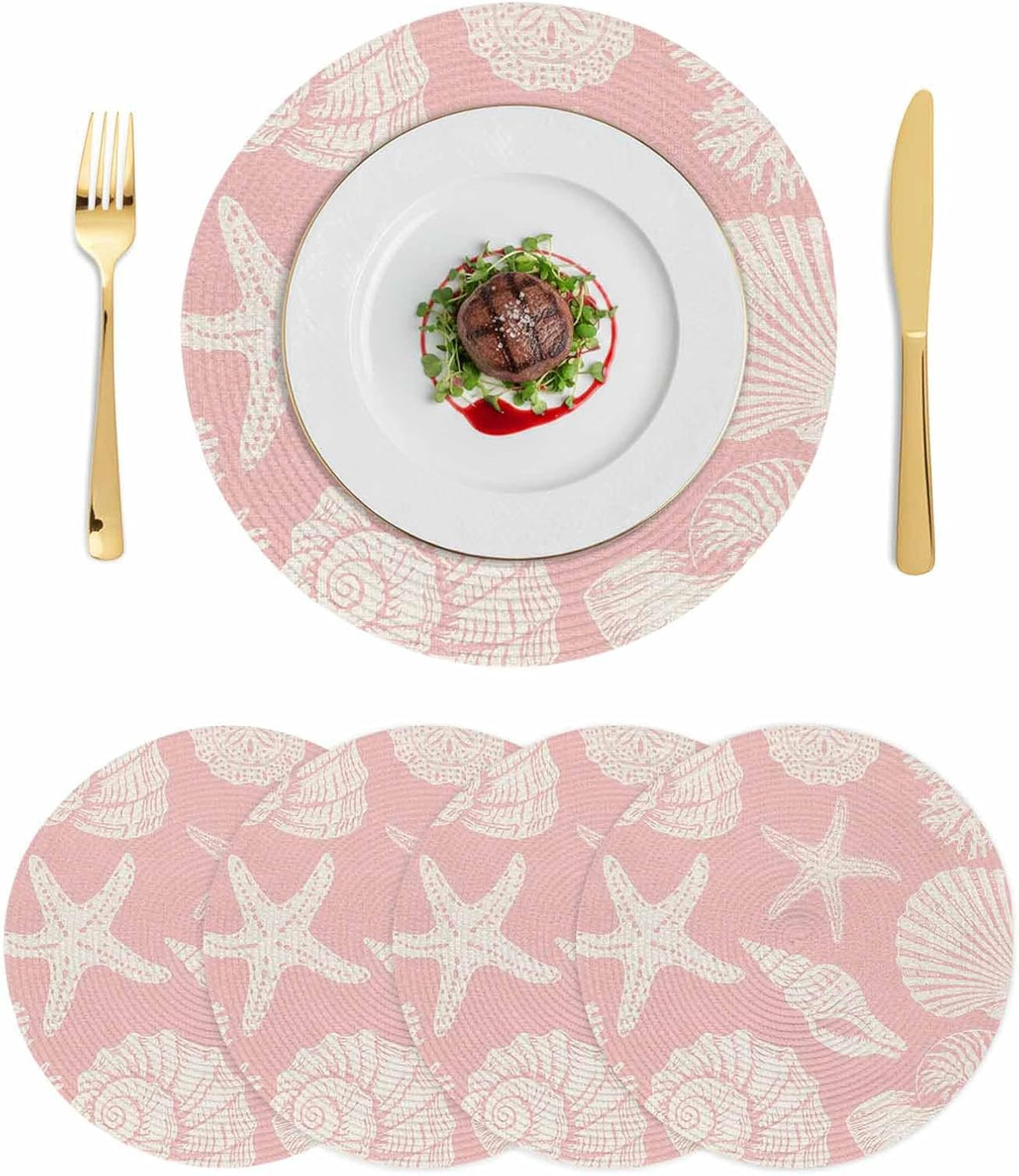 Round Placemats Set of 4 Shell Starfish Place Mats Washable Woven Placemat Peach Pink Coastal Coral Conch Circle Braided Table Mat for Kitchen Dining Table Party Home Decor 15 Inch