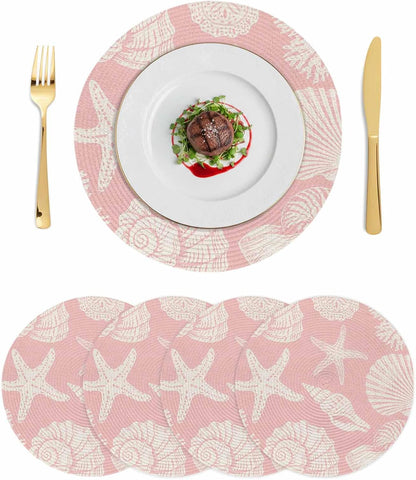 Round Placemats Set of 4 Shell Starfish Place Mats Washable Woven Placemat Peach Pink Coastal Coral Conch Circle Braided Table Mat for Kitchen Dining Table Party Home Decor 15 Inch