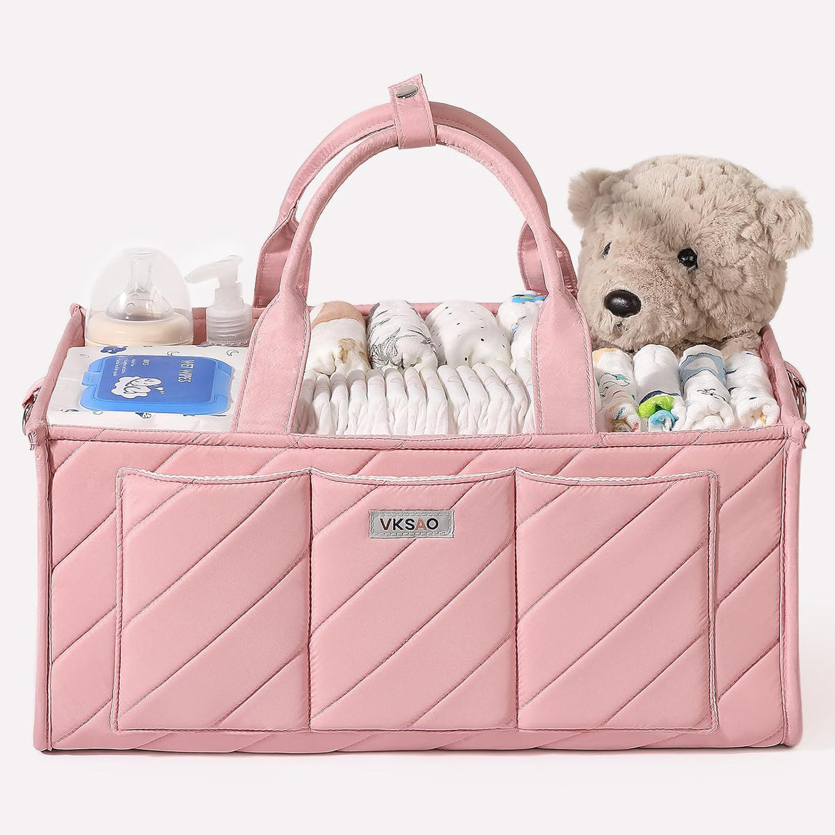 Pink Diaper Caddy Organizer – Portable Storage Basket with Shoulder Strap & Stroller Hooks, Splashproof Quilted Nursery & Car Tote for Baby Girl Shower Gift, Baby Registry, Blush Pink