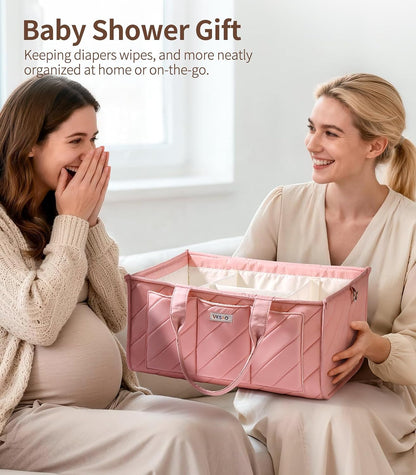 Pink Diaper Caddy Organizer – Portable Storage Basket with Shoulder Strap & Stroller Hooks, Splashproof Quilted Nursery & Car Tote for Baby Girl Shower Gift, Baby Registry, Blush Pink