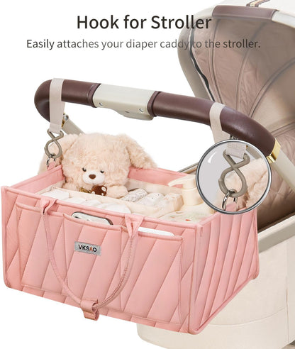 Pink Diaper Caddy Organizer – Portable Storage Basket with Shoulder Strap & Stroller Hooks, Splashproof Quilted Nursery & Car Tote for Baby Girl Shower Gift, Baby Registry, Blush Pink