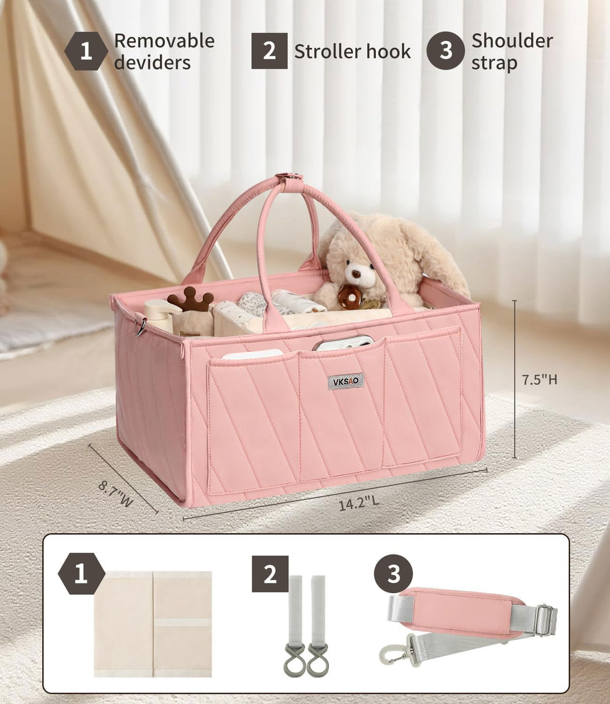 Pink Diaper Caddy Organizer – Portable Storage Basket with Shoulder Strap & Stroller Hooks, Splashproof Quilted Nursery & Car Tote for Baby Girl Shower Gift, Baby Registry, Blush Pink