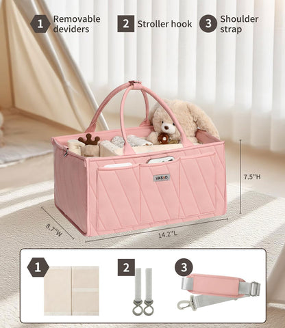 Pink Diaper Caddy Organizer – Portable Storage Basket with Shoulder Strap & Stroller Hooks, Splashproof Quilted Nursery & Car Tote for Baby Girl Shower Gift, Baby Registry, Blush Pink