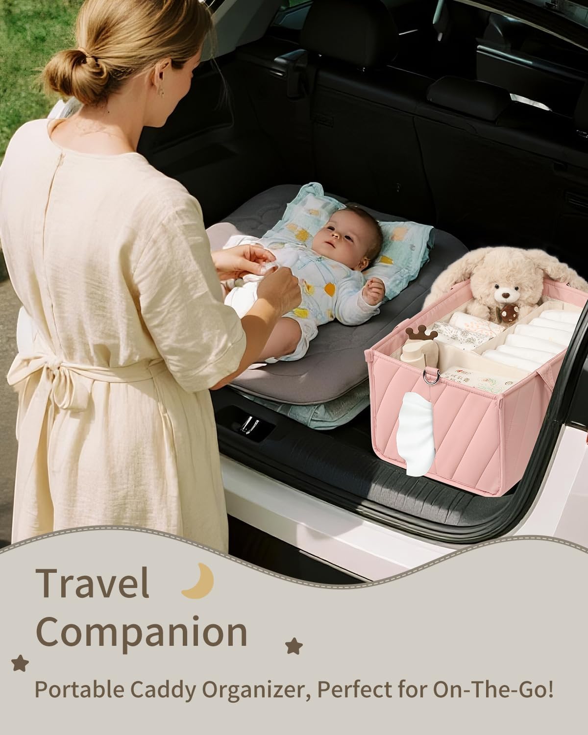 Pink Diaper Caddy Organizer – Portable Storage Basket with Shoulder Strap & Stroller Hooks, Splashproof Quilted Nursery & Car Tote for Baby Girl Shower Gift, Baby Registry, Blush Pink