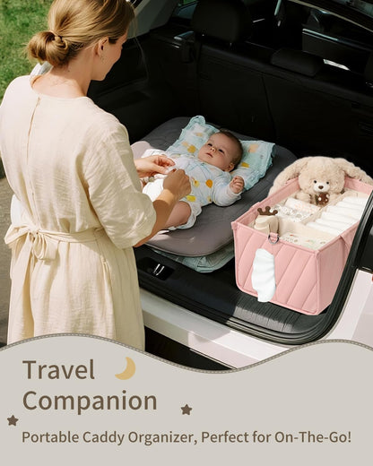Pink Diaper Caddy Organizer – Portable Storage Basket with Shoulder Strap & Stroller Hooks, Splashproof Quilted Nursery & Car Tote for Baby Girl Shower Gift, Baby Registry, Blush Pink