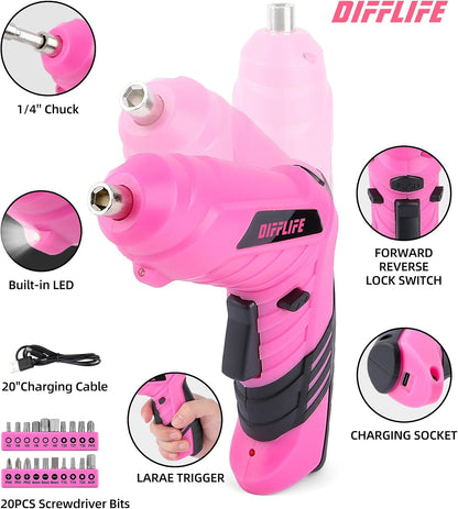 28PCS Pink Power 3.6V Cordless Electric Screwdriver Rechargeable Electronic Mini Automatic Gyroscopic Screw Gun Kit for Home - Pink Tools for Women