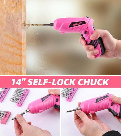 28PCS Pink Power 3.6V Cordless Electric Screwdriver Rechargeable Electronic Mini Automatic Gyroscopic Screw Gun Kit for Home - Pink Tools for Women