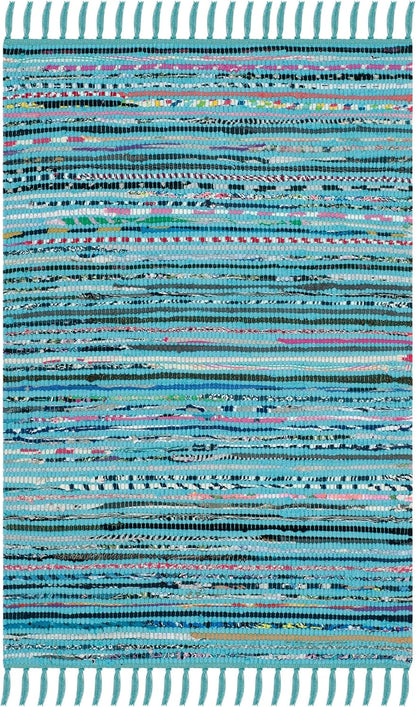 Rag Rug Collection Accent Rug - 2' x 3', Turquoise & Multi, Handmade Boho Stripe Cotton, Ideal for High Traffic Areas in Entryway, Living Room, Bedroom (RAR125C)