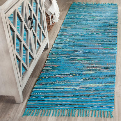 Rag Rug Collection Accent Rug - 2' x 3', Turquoise & Multi, Handmade Boho Stripe Cotton, Ideal for High Traffic Areas in Entryway, Living Room, Bedroom (RAR125C)
