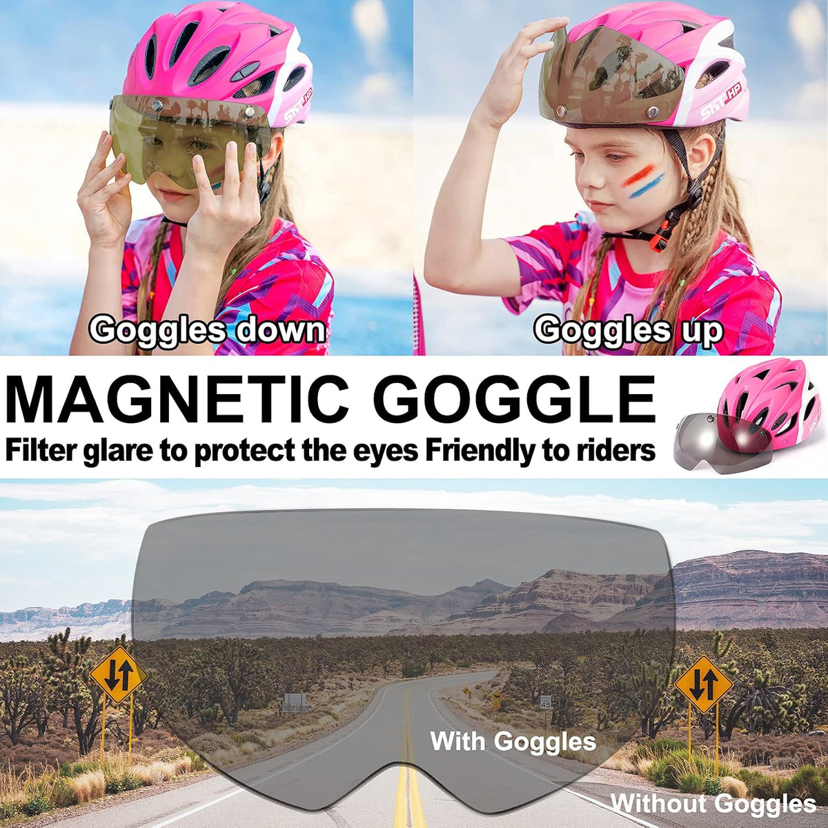 Toddler Bike Helmet, Adjustable Helmet for Kids and Youth with Detachable Magnetic Goggles, Bicycle Cycling Skate Scooter Skateboard Helmet for Boys and Girls