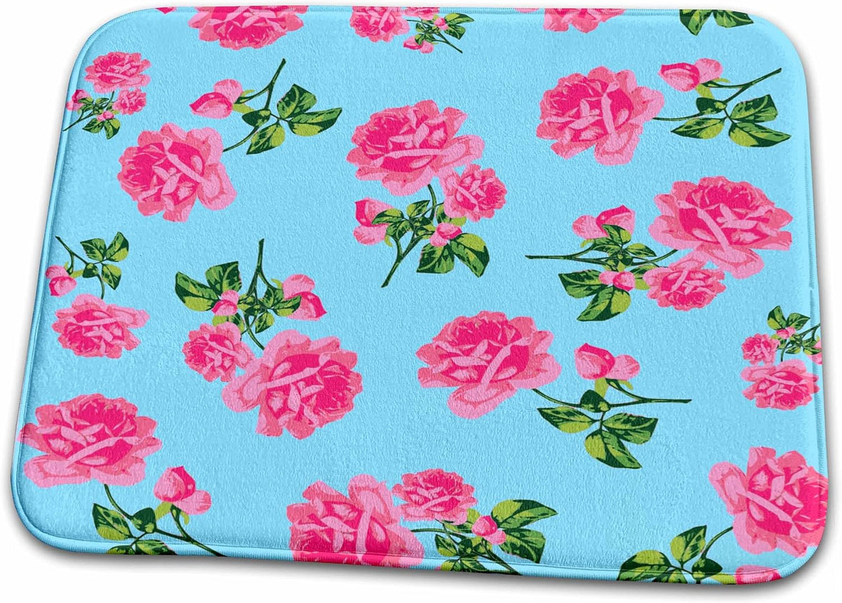 Dish Drying Mat - English Garden Bright Pink Rose Floral Pattern on Light Sky Blue Flower Patterns