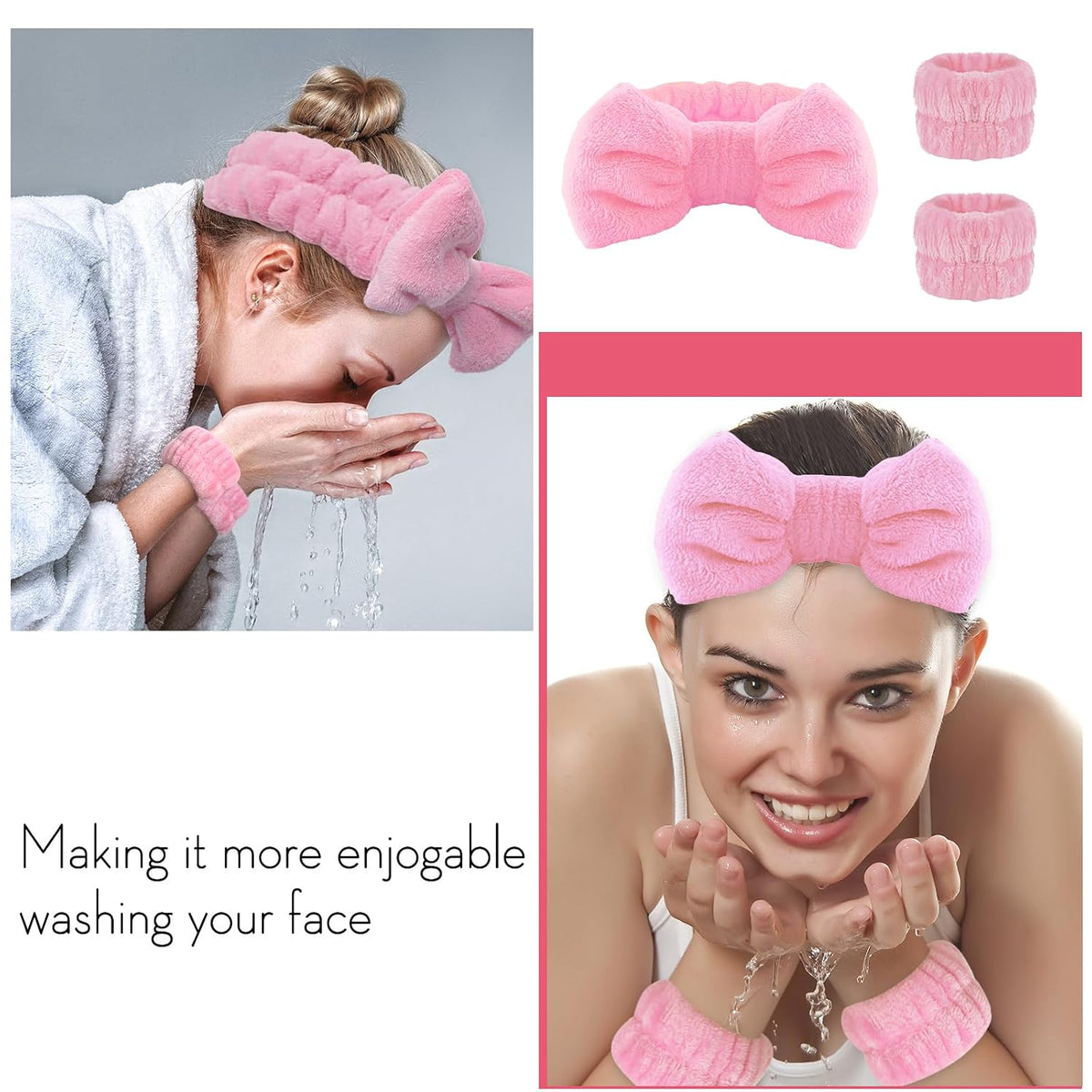 Pink Spa Headband and Wristband Set for Face Washing