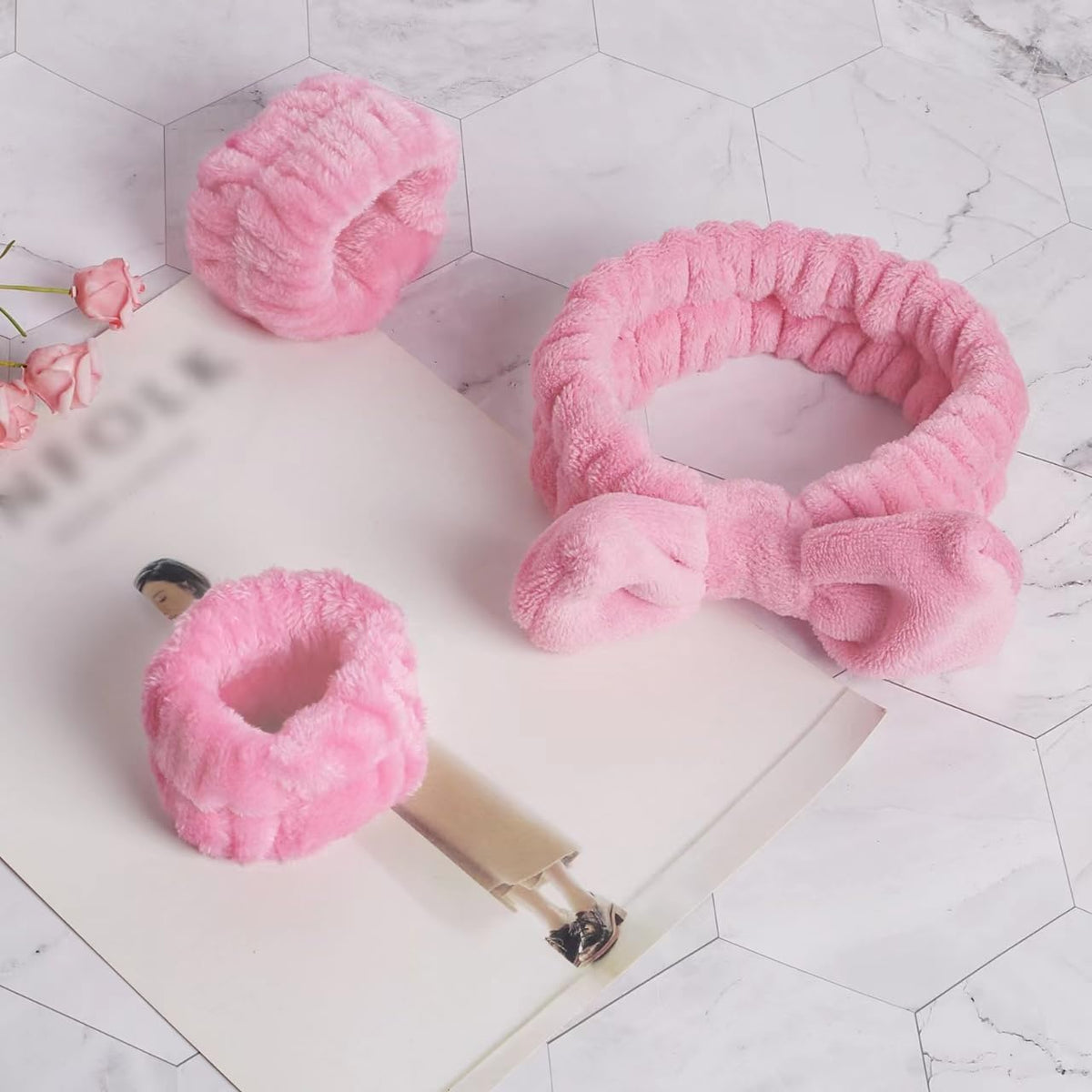 Pink Spa Headband and Wristband Set for Face Washing