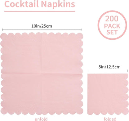 200 Pack Cocktail Napkin 2-Ply Scalloped Edged 5 x 5IN Pink