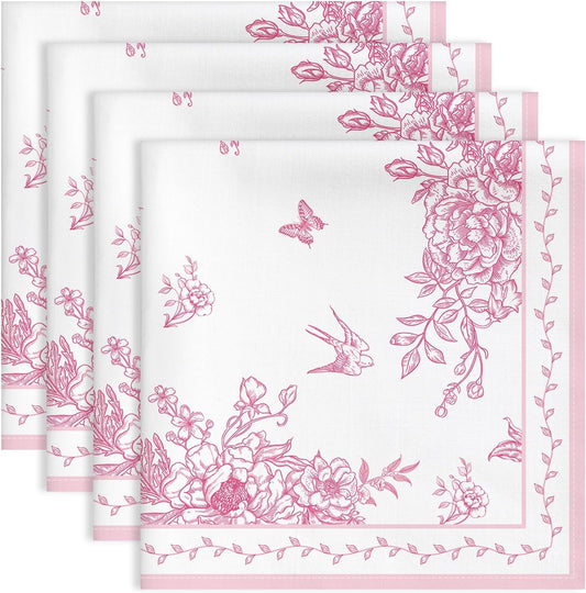 Chinoiserie Flower Bird Napkins, 18×18 inch Vintage Pink Dinner Cloth Napkins Set of 4, Washable Cotton Soft Absorbent Square Table Top Decoration for Dining Kitchen Party Wedding