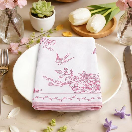 Chinoiserie Flower Bird Napkins, 18×18 inch Vintage Pink Dinner Cloth Napkins Set of 4, Washable Cotton Soft Absorbent Square Table Top Decoration for Dining Kitchen Party Wedding