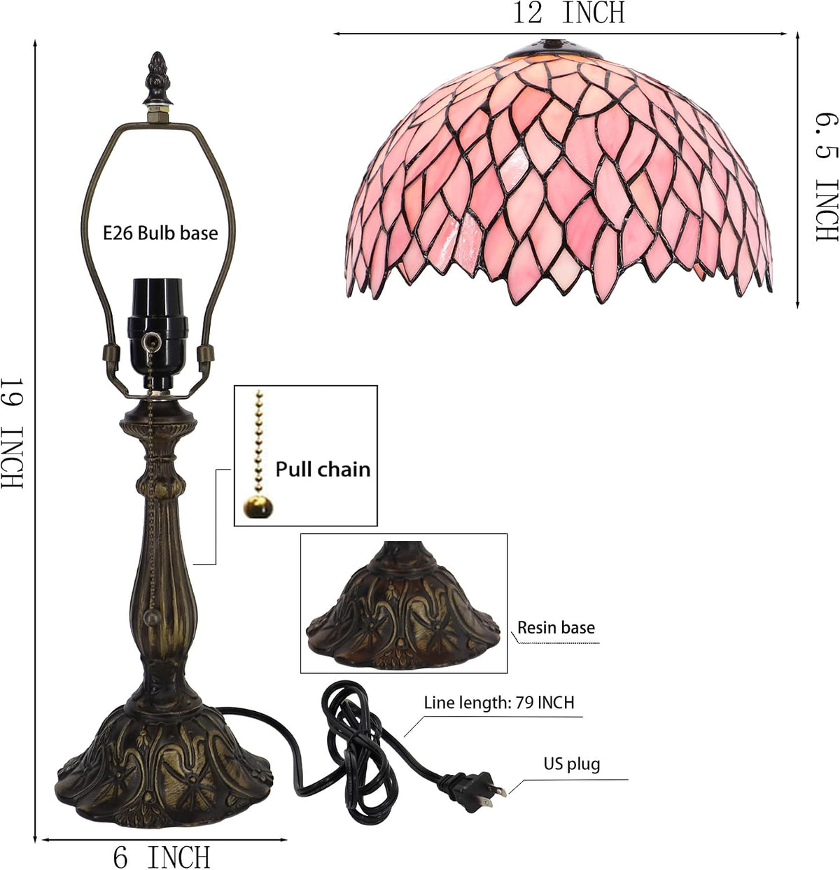 Tiffany Table Lamp Stained Glass Bedside Reading Light W12H19 inch