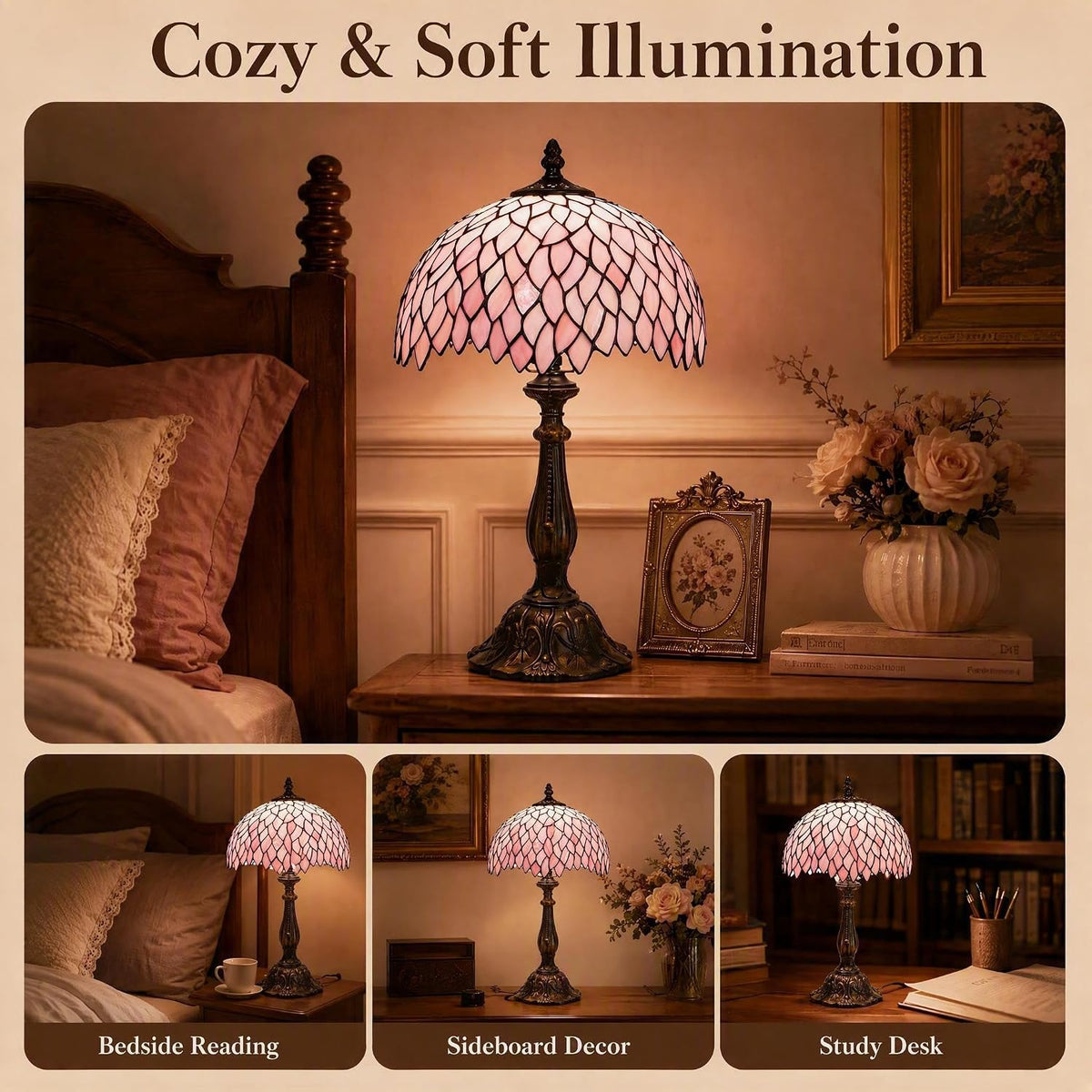 Tiffany Table Lamp Stained Glass Bedside Reading Light W12H19 inch