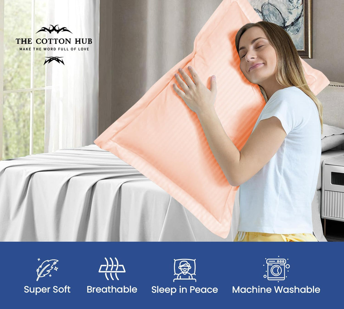 Standard Pillow Shams - 2 Pack 1000-TC Certified Pima Cotton 20x26 Sham Covers - Super Soft and Cozy, 20x26 Inches Oxford Pillowshams, (Stripe, Peach)