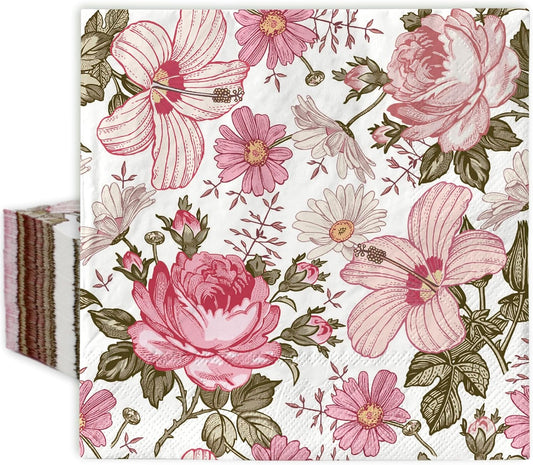 80 Pack Pink Floral Luncheon Napkins Spring Vintage Boho Flower Disposable Paper Napkin Decorative Retro Dessert Dinner Hand Napkin for Home Kitchen Bathroom