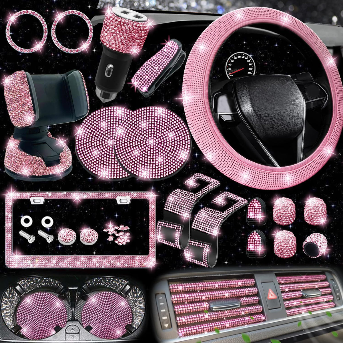 Bling Car Accessories Set - Universal Fit Steering Wheel Covers, License Plate Frames, Phone Holder, Car Fast Charger, Coasters (Pink)