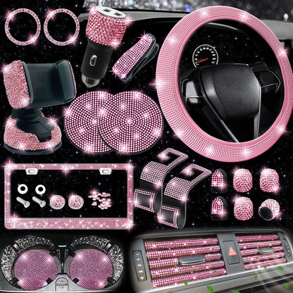 Bling Car Accessories Set - Universal Fit Steering Wheel Covers, License Plate Frames, Phone Holder, Car Fast Charger, Coasters (Pink)